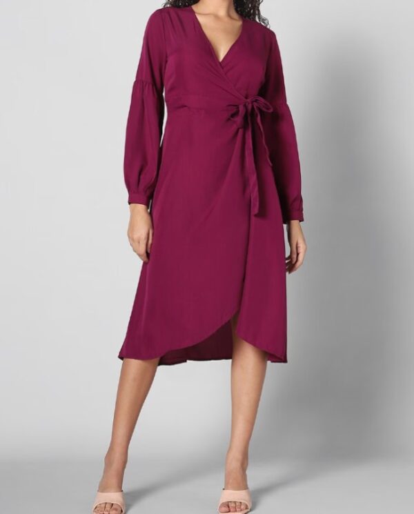 Puff Sleeves Wrap Midi Dress - Image 3