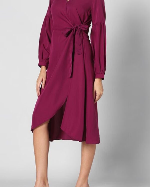 Puff Sleeves Wrap Midi Dress